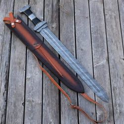 handmade sword, custom hand forged Damascus steel sword with leather sheath,  wedding gift sword, personalized sword