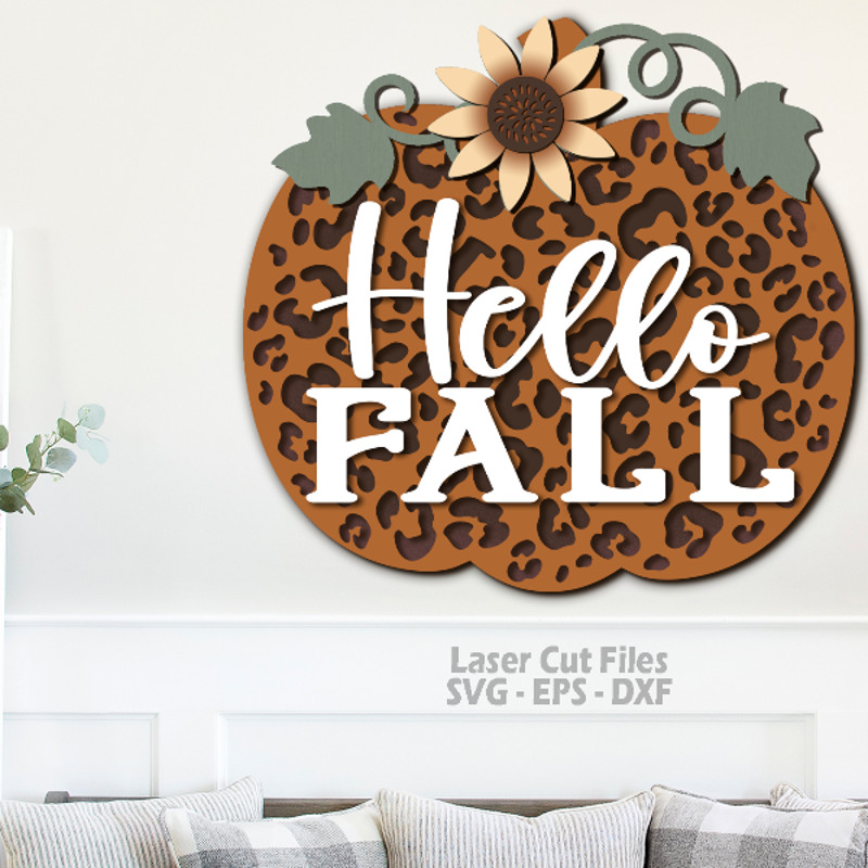 Pumpkin Door Hanger SVG Laser Cut Files - Pumpkin SVG - Leopard Print Svg - Sunflower Svg - Hello Fall SVG - Welcome Sign Svg - Front Door Sign - Glowforge File