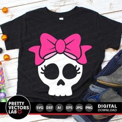 skull svg, halloween svg, cute skull with bow svg, dxf, eps, png, halloween cut files, skull clipart, girls shirt design