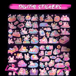 sticker pack of funny bunny, digital sticker, anime