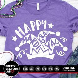 happy mardi gras y'all svg, mardi gras svg, dxf, eps, png, jester hat cut files, parade quote clipart, woman shirt desig