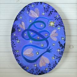 Original painting oval Blue comet and stars Purple sky