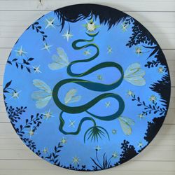Original painting round Green comet and stars Blue sky