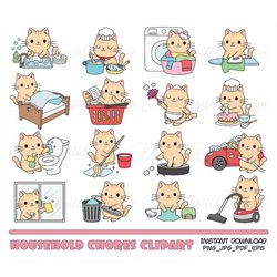 household chores clipart funny cats clipart kawaii cute kitty icons cleaning laundry trash dishes printable stickers pla