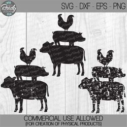 rooster pig cow svg distressed - set of 3 - stacking animals svg - grunge farmhouse style - vector clip art - eps ai dxf