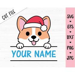 Christmas Corgi SVG Peeking Corgi dog cut file Funny Corgi Santa Hat Baby Kids Xmas Shirt Name Label Frame Monogram Silh