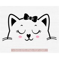 Cat Face Svg, Cute Cat Face Svg Outline, Cat Face with Bow Tie Svg Files Cut File for Cricut, Vector Clipart Png Instant