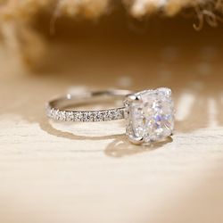 Cushion Cut 14k Engagement Ring with Hidden Halo, 9K/14K/18K Solid Gold Vintage Promise Ring with Pave, Anniversary Ring