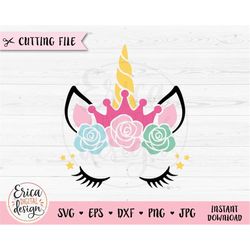 unicorn face svg unicorn eyelashes cut file crown flowers floral unicorn head birthday shirt girl bodysuit silhouette cr