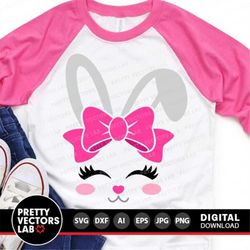 bunny svg, easter cut files, cute bunny face svg, dxf, eps, png, girl bunny with bow clipart, kids svg, baby, rabbit ear