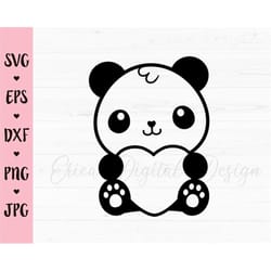 cute baby panda heart outline svg kawaii panda decal cut file love valentine cutting cuttable vector eps dxf silhouette