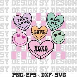 smiley candy hearts svg, retro valentines svg, groovy valentines svg, candy heart svg, conversation hearts svg, valentin