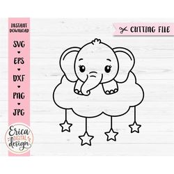 baby elephant svg elephant on cloud outline cut file baby shower boy girl bodysuit nursery newborn silhouette cricut vin