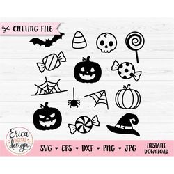 halloween bundle svg cut file halloween elements: bat, skull, candies, pumpkins, spider, witch hat fall kids silhouette