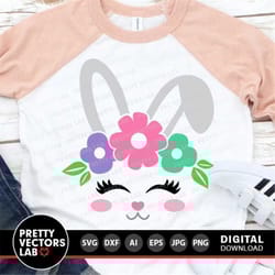 bunny svg, easter svg, girl bunny face svg, dxf, eps, png, spring cut files, cute bunny clipart, rabbit with flowers svg