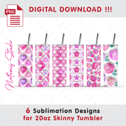 6 Trendy Pink 3D Inflated Puff Designs - Barbie Style - Sublimation Patterns - 20oz SKINNY TUMBLER - Full Tumbler Wrap