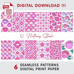 6 Trendy Pink 3D Inflated Puff - Barbie Style - Seamless Tileable Patterns - Digital Paper - Big Bundle