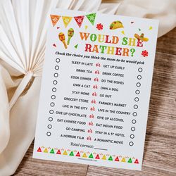 Would She Rather Game Mexican Baby Shower Mommy Quiz, Mexican Fiesta Baby Shower Game Would She Rather Card Printable