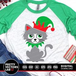Christmas Cat Svg, Funny Cat with Elf Hat Svg, Elf Svg, Kids Shirt Design, Winter Cut Files, Holiday Svg, Dxf, Eps, Png,