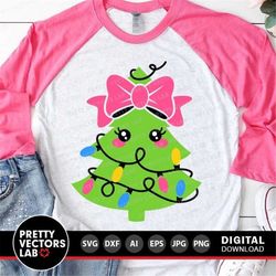 christmas tree with lights svg, girl christmas svg, kawaii christmas tree svg dxf eps png, kids cut file, holiday clipar