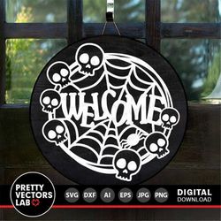 Welcome Svg, Halloween Skulls Cut Files, Halloween Sign Svg, Dxf, Eps, Png, Door Sign Svg, Farmhouse Svg, Fall Home Deco