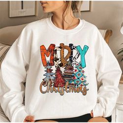 merry christmas trees sweatshirt, christmas tree western shirt, western santa sweatshirt, merry christmas trees plaid le