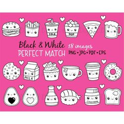 perfect match kawaii clipart outline black white digital stamp cute food friendship best friend love valentine planner p