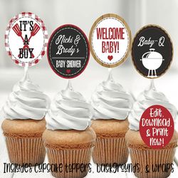 Baby Q Cupcake Toppers, Barbecue Cupcake Toppers, BBQ Cupcake Toppers, Baby Q Baby Shower Decorations, Barbecue Baby