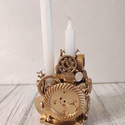 exquisite handmade steampunk souvenir candle holder with gold plating - large metal decorative gift