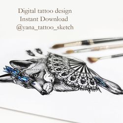 Fox Tattoo Design for Woman Fox Tattoo Sketch for Females Fan Tattoo Design, Instant download JPG, PNG