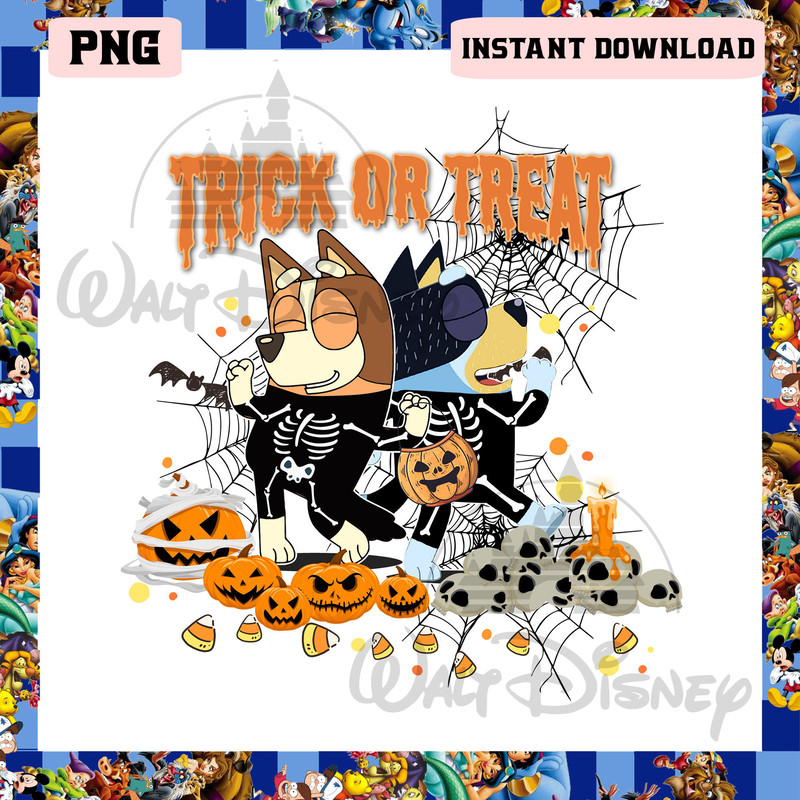 Bluey And Bingo Skeleton Halloween Png, Bluey Pumpkin Halloween Png, Bluey Trick Or Treat Png - 1.jpg