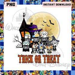 bluey and friends skeleton halloween png, bluey bingo trick or treat png, spooky bluey png