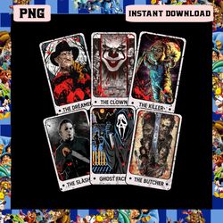 horror characters tarot card png, scary movie killers png, the killer the camper ghostface png