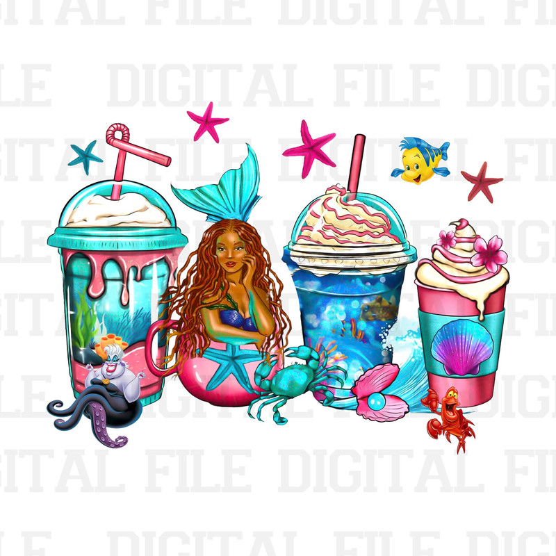 Mermaid Underwater Coffee Cups Png, Sea Animals Png, Retro The Little Princess Ariel Png, Black Girl Digital Download, Sublimation Design - 1.jpg
