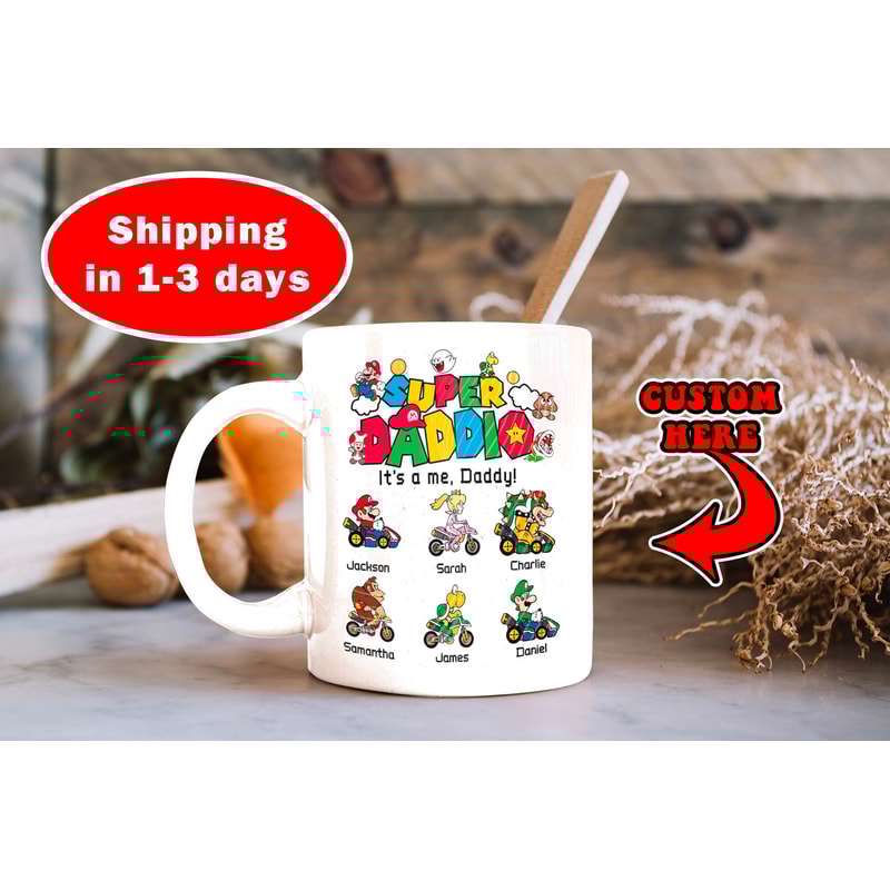 Personalized Super Daddio Mug Gift for Father's Day, Custom Kids Name Super Mario Mug, Funny Dad Life Coffee Mug - 1.jpg
