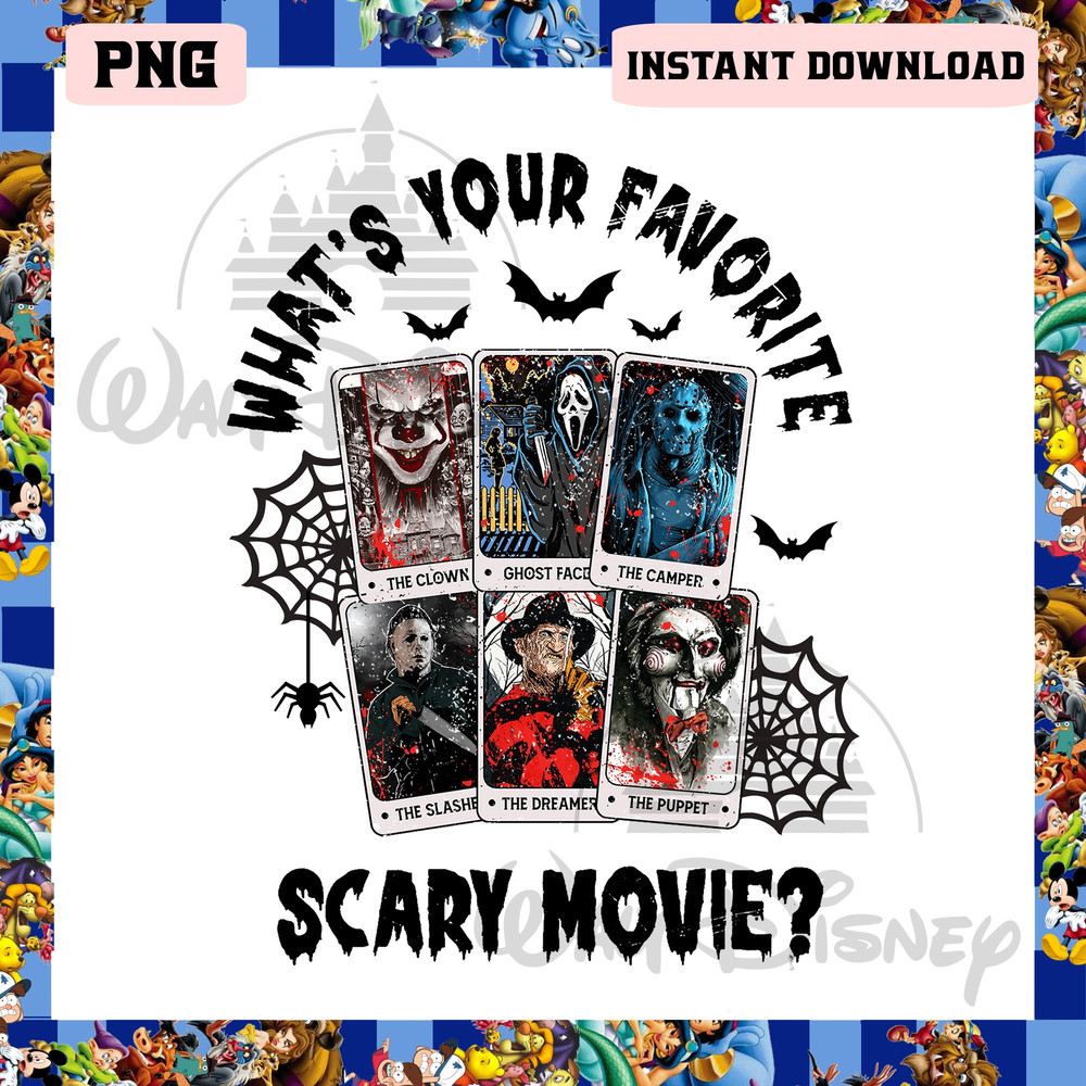 What's Your Favorite Scary Movie Png, Horror Characters Tarot Card Png, The Clown The Camper Ghostface Png - 1.jpg
