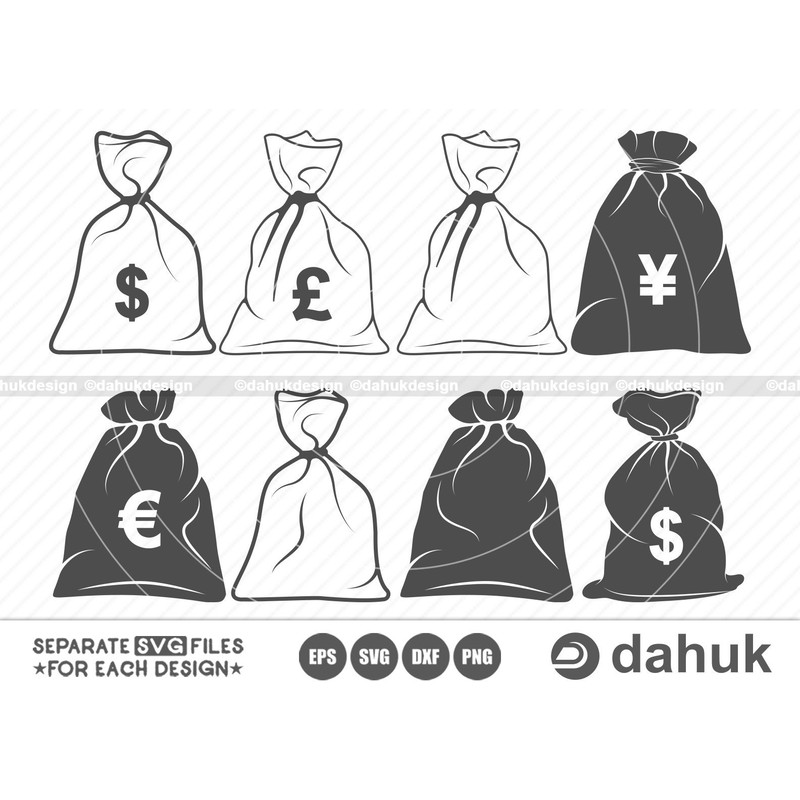 Money Bag SVG, Money Bag Icon Clipart, Doller Bag svg, Euro Bag SVG, Pound bag, Yen Bag Sign, Cut file, for silhouette, svg, eps, dxf, png - 1.jpg