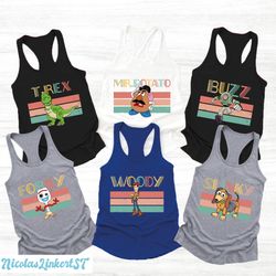retro toy story characters tanks, disney best friend shirt, woody buzz forky t-rex, toy story family tank, disney matchi