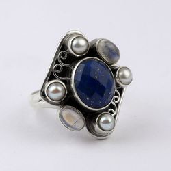 Lapis Lazuli, Rainbow Moonstone, Pearl, 925 Sterling Silver Ring, Natural Gemstone Ring, Designer Ring, Gift For Her