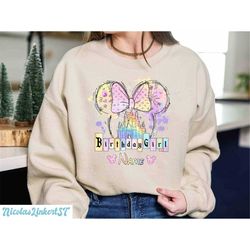 personalized disney birthday girl sweatshirt, watercolor minnie ears birthday shirt, disneyland castle hoodie, bday crew
