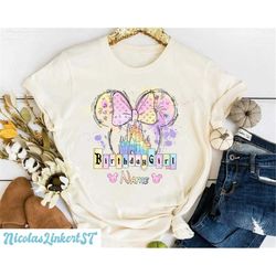 personalized disney birthday girl shirt, watercolor minnie ears birthday shirt, disneyland castle birthday shirt, bday c