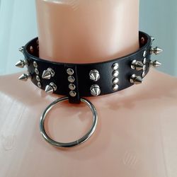 Unique handmade leather bondage collar with metal rivets and spikes