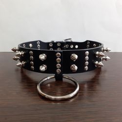 Quality handmade bdsm submissive collar with O ring Black leather gothic choker with spikes 1.2 inch width