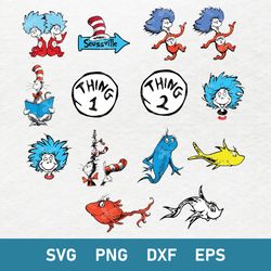 Bundle Dr Seuss Svg, One Fish, Two Fish, Red Fish, Blue Fish Svg, Thing Svg, Png Dxf Eps File