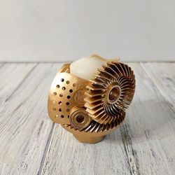 vintage steampunk candle holder - small handmade metal candleholder with gold plating - unique steampunk decor gift