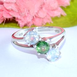 green topaz rainbow moonstone silver ring | 925 sterling silver smooth round gemstone ring | handmade ring, gift for her