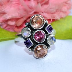 Multi Gem Silver Ring, 925 Sterling Silver, Pink Topaz Stone Ring, Rainbow Moonstone Ring , Silver Ring, Gemstone Ring