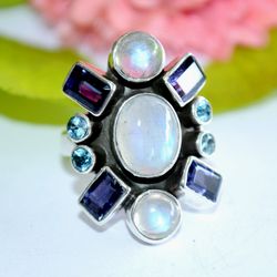 925 Sterling Silver / Rainbow Moonstone / Iolite / Blue Topaz / Multi Gemstone / Statement Ring / Natural Gemstone Ring