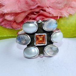 Honey Topaz, Pearl, Rainbow Moonstone, Silver Ring, Natural Gemstone Ring, Designer Ring, 925 Sterling Silver Ring