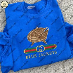 nhl columbus blue jackets guc.ci embroidered crewneck, nhl blue jackets gucci embroidery, embroidered hoodie, nhl shirt